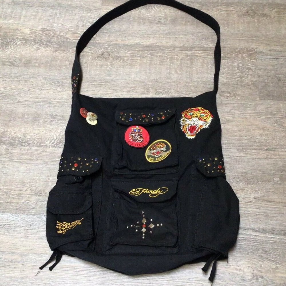 Ed Hardy By Christian Audigier Signature Shoulder Bag Canvas Crossbody Black Y2K